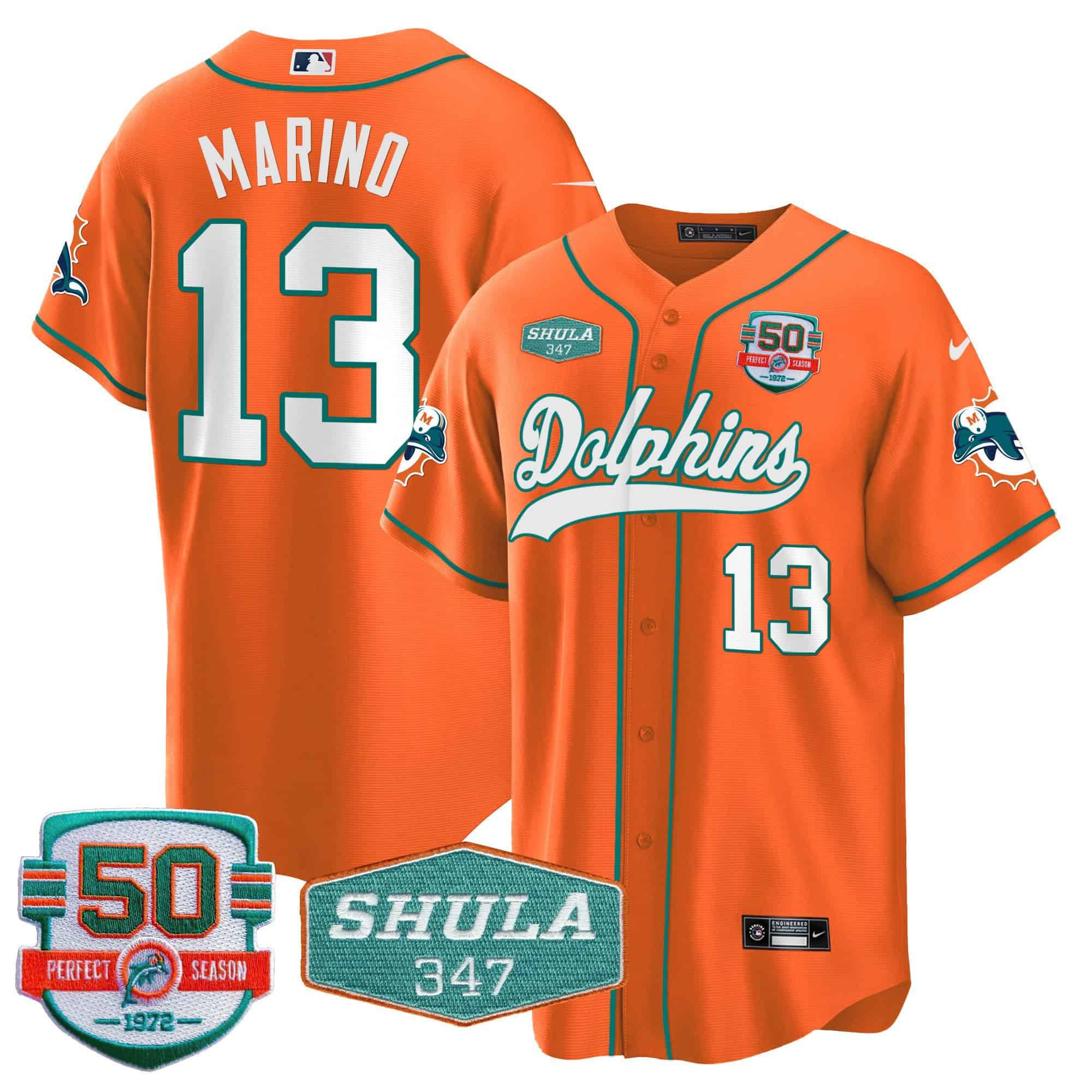 Men Miami Dolphins #13 Marino Orange 2024 Nike 50th Don Shula Memorial Patch Baseball NFL Jersey